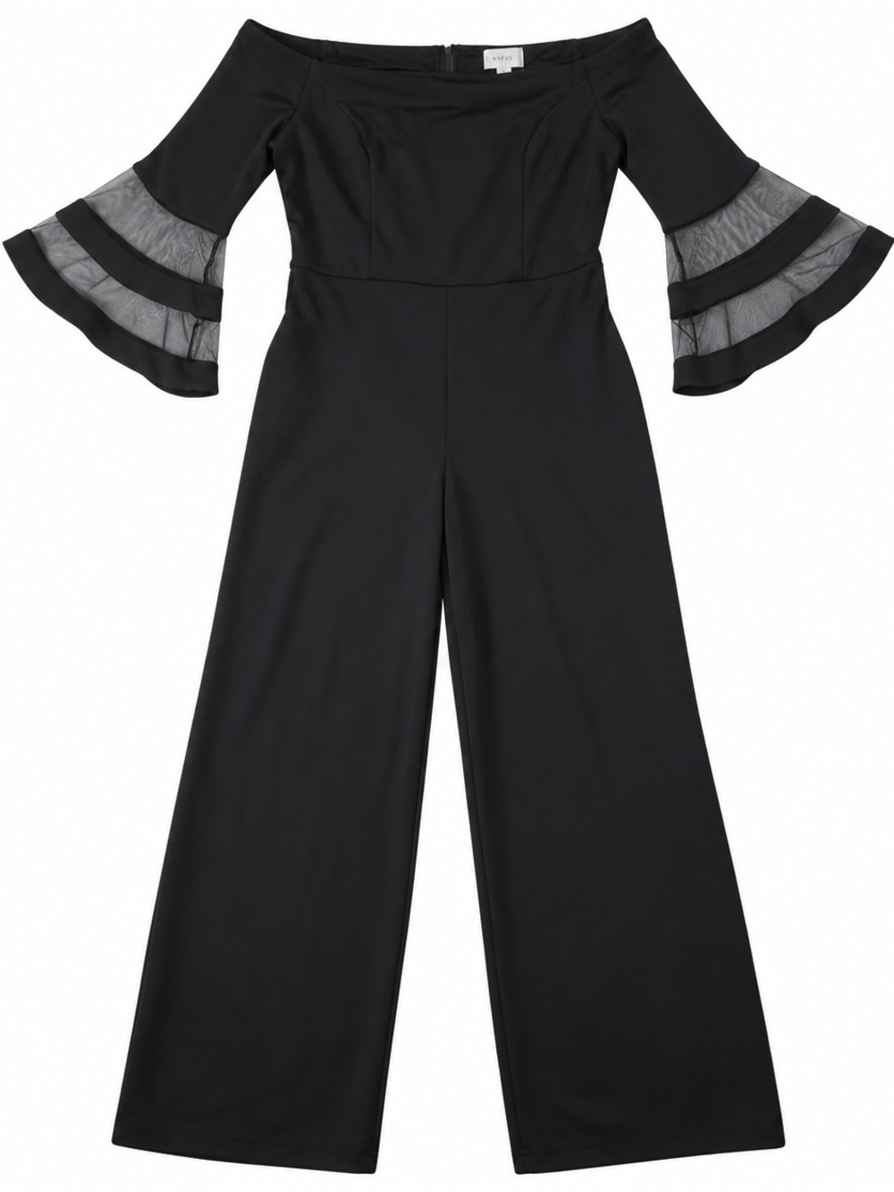 Off-Shoulder Black Wide-Leg Jumpsuit with Mesh Bell Sleeves